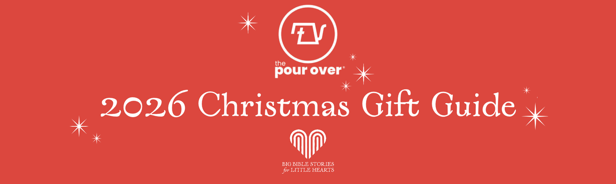 A red promotional banner with white text reading '2026 Christmas Gift Guide' and the 'pour over' logo at the top center, plus small white star and heart graphics.