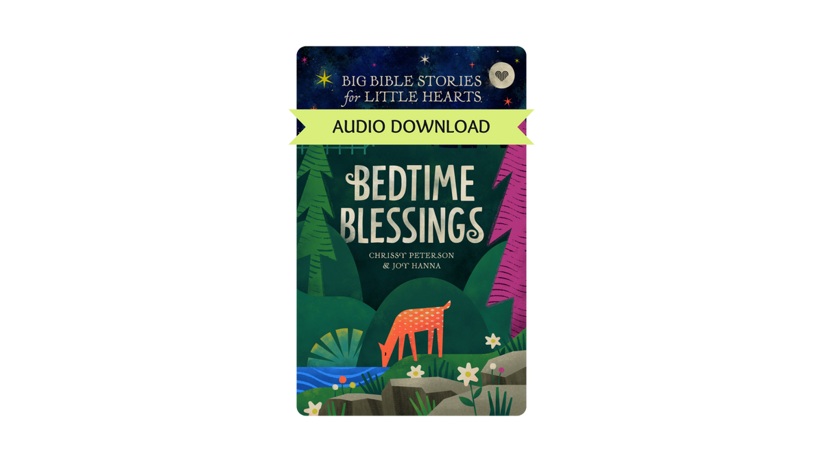 A book-style cover for an audio download titled "Bedtime Blessings" from Big Bible Stories for Little Hearts. The cover shows a dark illustrated forest scene with a deer, flowers, and a bright yellow banner reading "Audio Download.