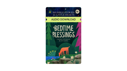 A book-style cover for an audio download titled "Bedtime Blessings" from Big Bible Stories for Little Hearts. The cover shows a dark illustrated forest scene with a deer, flowers, and a bright yellow banner reading "Audio Download.