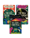 Three colorful illustrated book covers for children's Bible stories are arranged overlapping on a black background. The titles visible are 'Big Bible Stories for Little Hearts,' 'The Old Testament,' 'The New Testament,' and 'The Story of Christmas.
