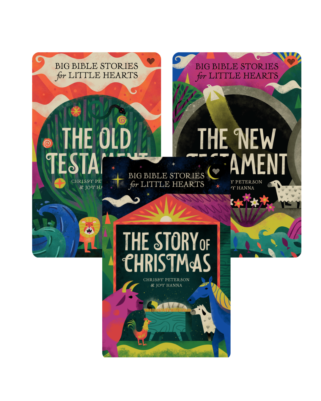 Three colorful illustrated book covers for children's Bible stories are arranged overlapping on a black background. The titles visible are 'Big Bible Stories for Little Hearts,' 'The Old Testament,' 'The New Testament,' and 'The Story of Christmas.