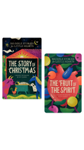 Two colorful card decks from Big Bible Stories for Little Hearts, titled 'The Story of Christmas' and 'The Fruit of the Spirit', shown on a plain white background.