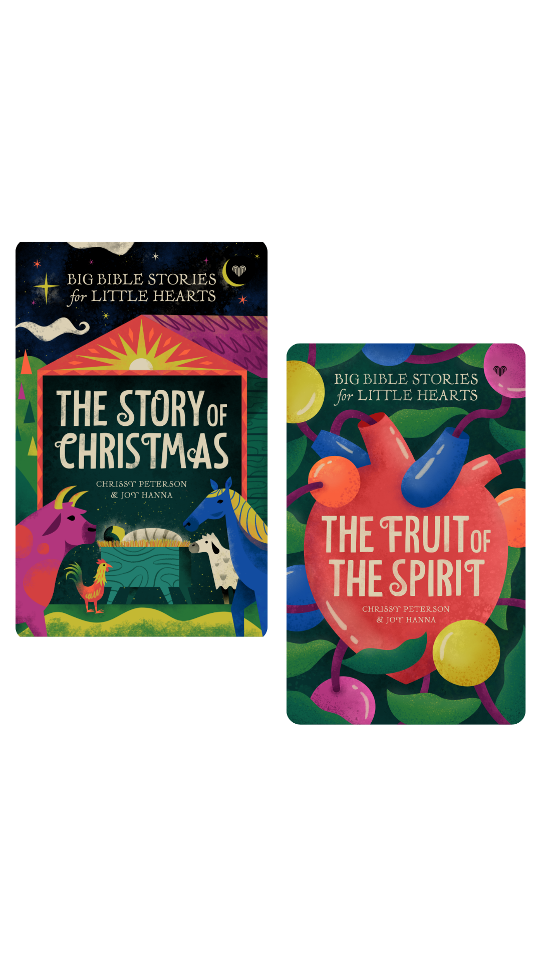 Two colorful card decks from Big Bible Stories for Little Hearts, titled 'The Story of Christmas' and 'The Fruit of the Spirit', shown on a plain white background.