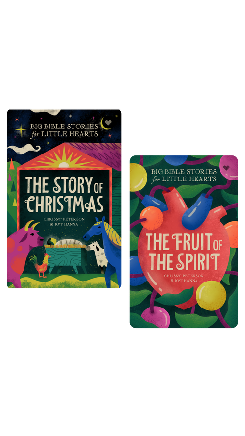 Two colorful card decks from Big Bible Stories for Little Hearts, titled 'The Story of Christmas' and 'The Fruit of the Spirit', shown on a plain white background.