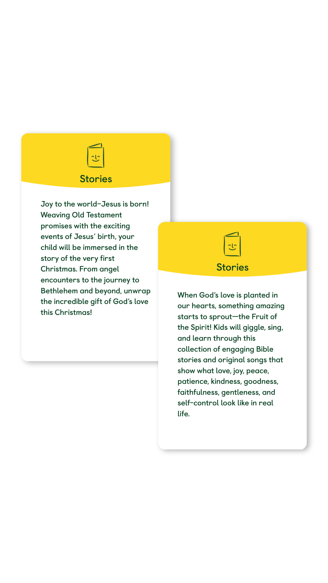 Two yellow-and-white rectangular cards with rounded corners on a light gray background. Each card has a black icon and the heading 'Stories,' followed by text about Christmas and spiritual children.