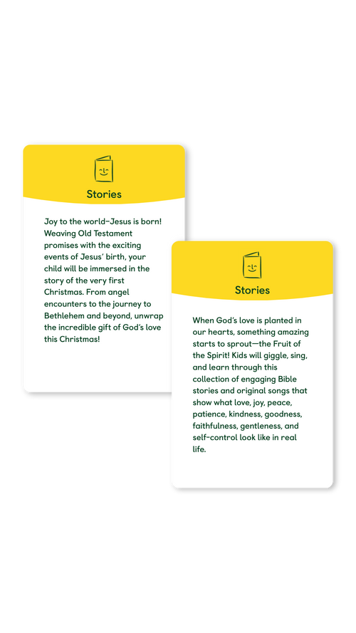 Two yellow-and-white rectangular cards with rounded corners on a light gray background. Each card has a black icon and the heading 'Stories,' followed by text about Christmas and spiritual children.
