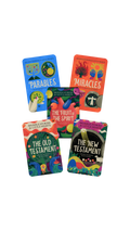 Five colorful children's book covers arranged in a loose circle on a plain white background. The titles visible are 'The Fruit of the Spirit', 'The Old Testament', 'The New Testament', 'Miracles', and 'Parables'.